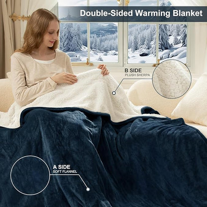 Queen Size Heated Blanket - Dual Control Electric Blanket Queen with 5 Heating Levels, 10 Hours Auto Off, Overheat Protection, Washable Flannel Sherpa Heating Blanket, 84 x 90 Inch, Navy