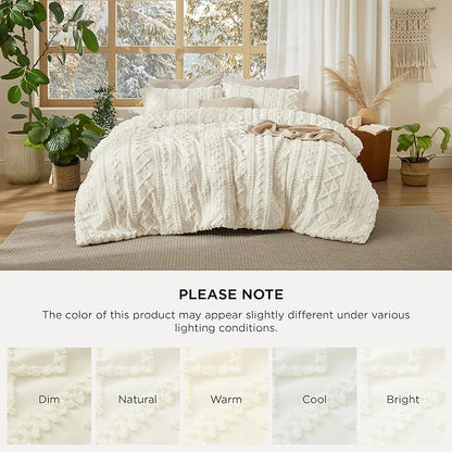 Bedsure Tufted Boho Comforter Set Oversized Queen - Ivory Boho Bed Set, GentleSoft™ 3 Pieces Farmhouse Shabby Chic Embroidery Bedding, Gifts for Woman, Soft Jacquard Comforter for All Seasons