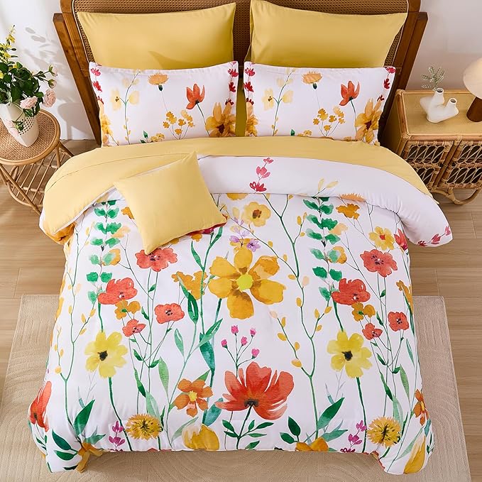 Annibedding Floral Queen Size Comforter Set, 8 Pieces Yellow Flower Botanical Soft Microfiber Bed in a Bag Bedding Set with Pillowcase Sheet for All Season (90"x90")
