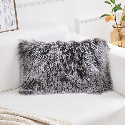 Genuine Mongolian Lamb Fur Pillow Cover – 12"x20" Rectangular Cushion Case – Soft Curly Wool Decorative Accent for Sofa, Bed, or Chair (Frosted Grey)