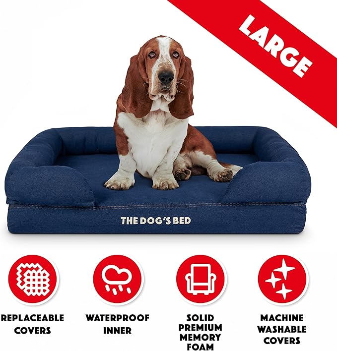 The Dog’s Bed Orthopedic Memory Foam Dog Bed with Bolsters, Oxford Fabric, Blue Denim, L