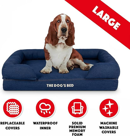 The Dog’s Bed Orthopedic Memory Foam Dog Bed with Bolsters, Oxford Fabric, Blue Denim, L