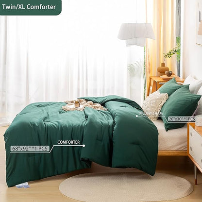 COTTEBED Ultra-Soft Polycotton Bedding Comforter Set Twin XL/Twin Size - Hunter Forest Green Cozy Lightweight Solid Bed Quilt Blanket for Kid Teens School College Dorm All Season Use - Emerald Green