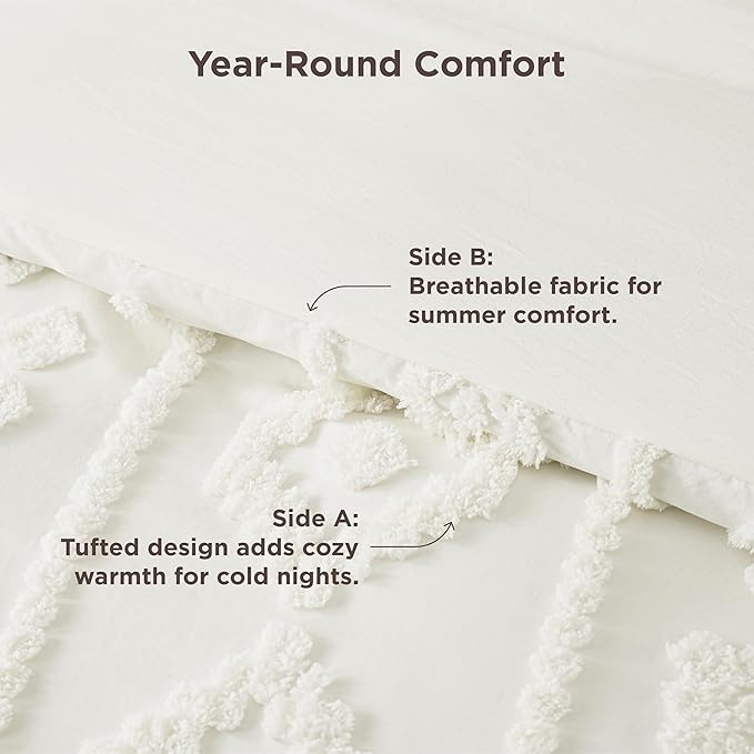 Bedsure Boho Tufted White Comforter Set Queen Size, GentleSoft™ 3 Pieces Boho Farmhouse Decor Bedding, Exquisite Shabby Chic Bedding for All Seasons, 1 Bed Comforter, 2 Pillow Shams, 90x90 Inches