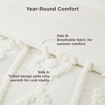 Bedsure Boho Tufted White Comforter Set Queen Size, GentleSoft™ 3 Pieces Boho Farmhouse Decor Bedding, Exquisite Shabby Chic Bedding for All Seasons, 1 Bed Comforter, 2 Pillow Shams, 90x90 Inches
