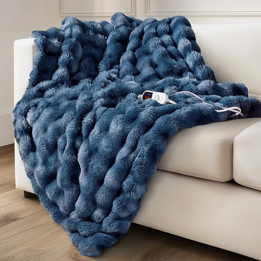Electric Heated Blanket for Girls & Women, Soft & Luxurious, Faux Rabbit Fur Heating Throw Blankets, 6 Heat Settings, Overheat Protection, Quick Heating, Memory Function, Gift-Ready Design, 50"x60"