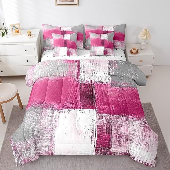 Erosebridal Pink White Grey Bedding King Size 7pcs Oil Painting Comforter Set, Tie Dye Bed in a Bag Ombre Bedding Comforter Sets with Flat Sheet, Fitted Sheet, Pillowcases, Throw Pillow Covers