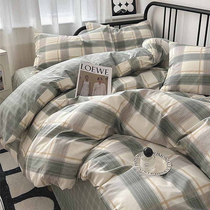 mixinni Full Comforter Set Green Geometric Checkered Plaid Bedding Comforter Set Men Boys Modern Style All Season Soft Fluffy Lightweight Bedding Set-Full Size