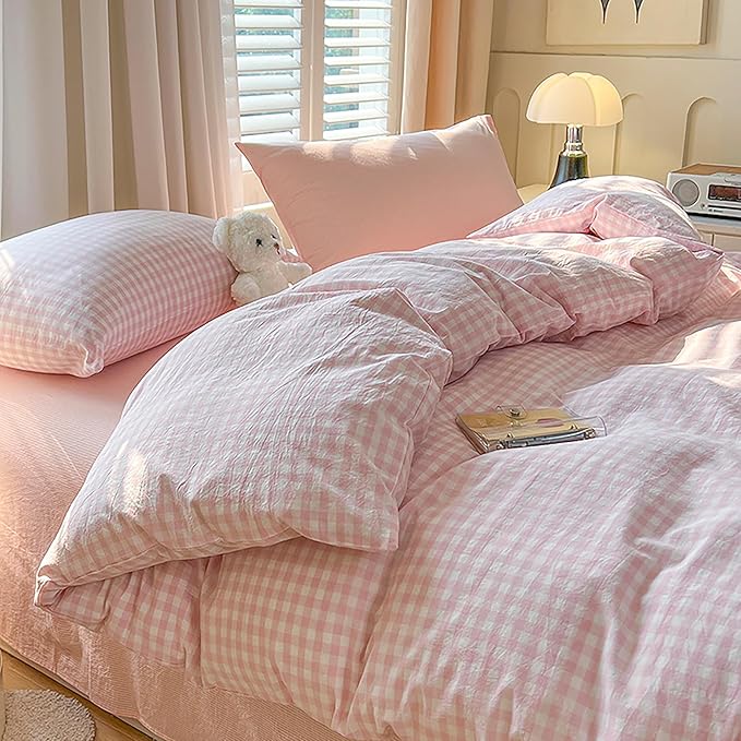 BOLINLIVING Gingham Twin Comforter Set Kids, Soft Breathable Bed in a Bag Twin Size 2 Pieces, Pink White Checkered Plaid Bedding Set for All Season, 1 Comforter & 1 Pillowcase