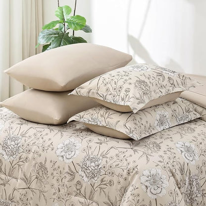 Yiran 7 Piece Bed in a Bag Queen Size Comforter Set Beige White Floral Bedding Set,Leaves Botanical Soft Microfiber Comforter with 2 Pillowcases 2 Pillow Shams 1 Flat Sheet 1 Fitted Sheet 90"×90"