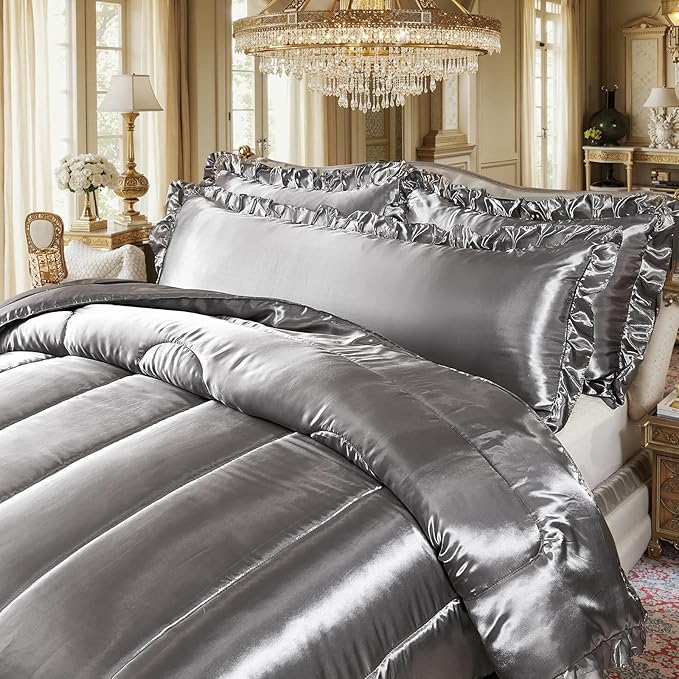 Satin Queen Comforter Set Silk Like Satin Bedding Set 4 Pcs Hotel Soft Polyester Grey Bed Set Luxury Silky Body Pillow Cover Ruffle Down Comforter Home Decor