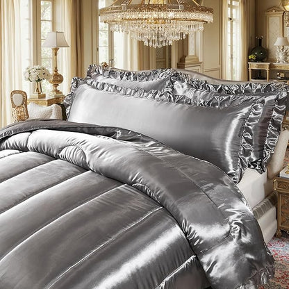 Satin Queen Comforter Set Silk Like Satin Bedding Set 4 Pcs Hotel Soft Polyester Grey Bed Set Luxury Silky Body Pillow Cover Ruffle Down Comforter Home Decor