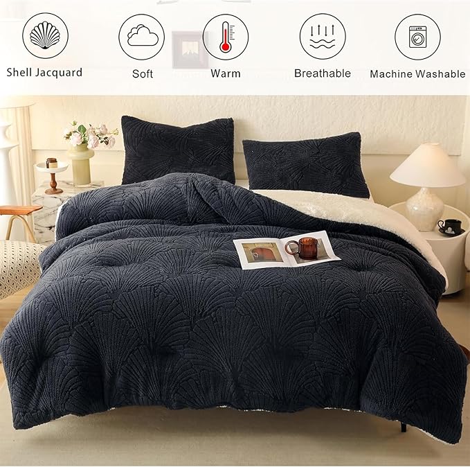 Seashell Jacquard Sherpa Comforter Set Warm Cozy Premium Bedding 2 Pieces, Twin Size Geometric Pattern Quilt Comforter with 1 Pillowcases(68"X90" Grey)
