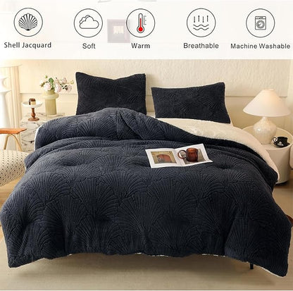 Seashell Jacquard Sherpa Comforter Set Warm Cozy Premium Bedding 2 Pieces, Twin Size Geometric Pattern Quilt Comforter with 1 Pillowcases(68"X90" Grey)