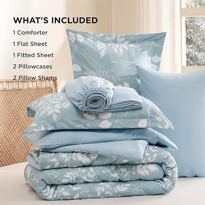 Bedsure Sky Blue Queen Comforter Set - 7 Pieces Floral Bedding Sets, Queen Bed in a Bag with Reversible Botanical Flowers Comforter, Sheets, Pillowcases & Shams