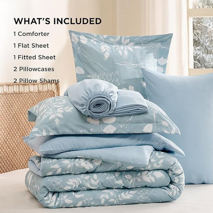 Bedsure Sky Blue Queen Comforter Set - 7 Pieces Floral Bedding Sets, Queen Bed in a Bag with Reversible Botanical Flowers Comforter, Sheets, Pillowcases & Shams