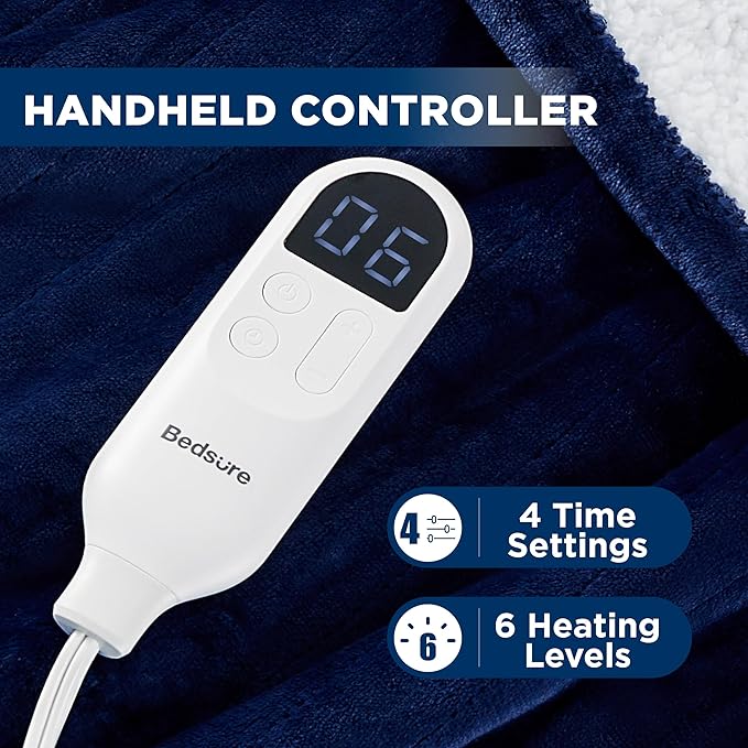 Bedsure Heated Blanket Throw Blanket - Fast Heating Electric Blanket, Soft Flannel Heated Throw with 4 Time Settings, 6 Heating Settings, Warm Gifts for Grandma, Women, Men (50"x60", Navy)
