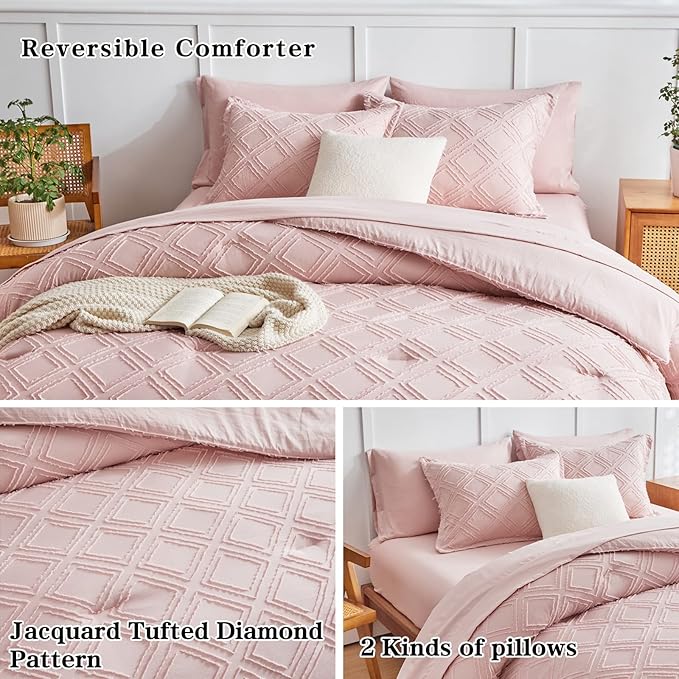 7 Pieces Tufted Bed in a Bag Queen Comforter Set with Sheets Blush Pink, Soft and Embroidery Shabby Chic Boho Bohemian, Luxury Solid with Diamond Pattern, Jacquard Tufts Bedding Set for All Season