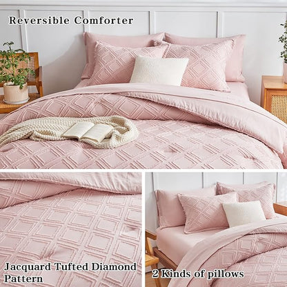 6 Pieces Tufted Bed in a Bag Twin Comforter Set with Sheets Blush Pink, Soft and Embroidery Shabby Chic Boho Bohemian, Luxury Solid with Diamond Pattern, Jacquard Tufts Bedding Set for Kids Girls