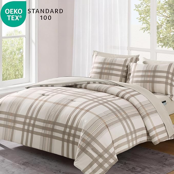 MaiRêve Full Size Comforter Set Brown Grey, Classic Plaid Farmhouse Bedding Sets 7 Pieces, All Season Lightweight Bed in a Bag with Sheets, Pillowcases & Shams