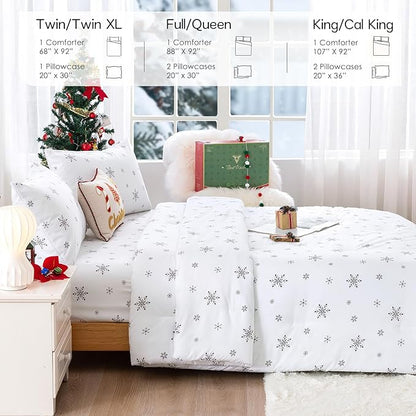 COTTEBED Snowflakes Christmas Comforter Queen, Snow White Warm Winter Comforter Sets Full Size Bedding Down Alternative with Pillowsham, Super Soft Cozy Brushed Lightweight but Warmth Polycotton Gift