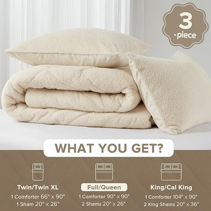 Comfort Spaces Queen Comforter Set Reversible Feather-Soft Plush Comforters for Queen Size Bed All Season Lightweight Shearling Fleece Sherpa Comforter Queen Size Bed Set, Full/Queen, Ivory 3 Piece