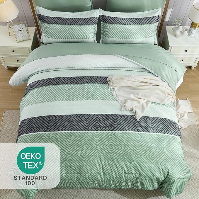 Drucon Sage Green Comforter Set Queen Size 7 Piece Bed in a Bag Boho Striped Bedding Set Soft Microfiber Comforter and Sheet Set for All Season (Queen, 90"x90")