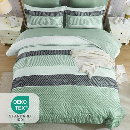 Drucon Sage Green Comforter Set Queen Size 7 Piece Bed in a Bag Boho Striped Bedding Set Soft Microfiber Comforter and Sheet Set for All Season (Queen, 90"x90")