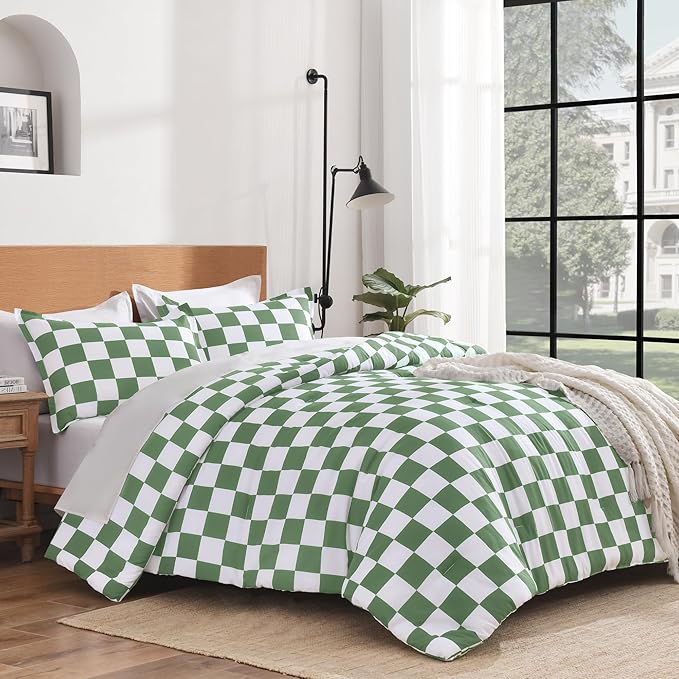 Andency Green Checkered Comforter Queen(90x90Inch), Plaid Gingham Buffalo Grid Bedding Comforter Sets for Boys Kids Teens, 3 Pieces Lightweight Microfiber Geometric Preppy Bed Set