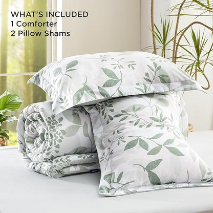 Bedsure Comforter Set Queen Size - Cute Floral Bedding Comforter Set, 3 Pieces, 1 Soft Reversible Sage Green Botanical Flowers Comforter and 2 Pillow Shams