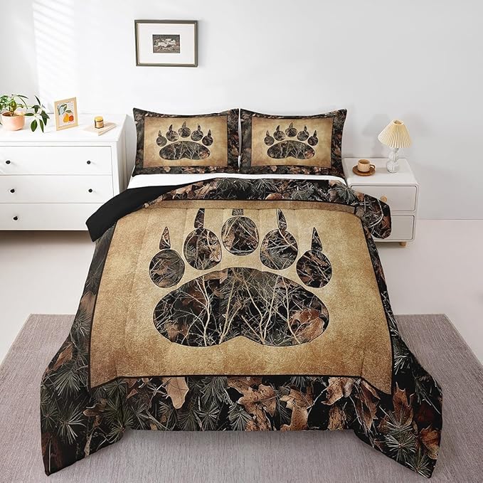 Erosebridal Rustic Farmhouse Bedding Sets Twin Camo Bear Paw Comforter Set Woodland Hunting Camouflage Animal Bedding Comforter Sets for Kids Boys Adults Men,Retro Cabin Wildlife Quilt Set