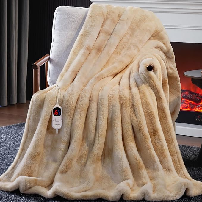 Guohaoi Heated Blanket Electric Throw, Soft Faux Rabbit Fur Electric Blanket with 10 Heating Levels 5 Sitting Timer Auto Off, Cozy Warm Heating Blankets, Machine Washable(62"×84" Beige)