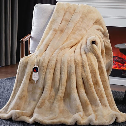 Guohaoi Heated Blanket Electric Throw, Soft Faux Rabbit Fur Electric Blanket with 10 Heating Levels 5 Sitting Timer Auto Off, Cozy Warm Heating Blankets, Machine Washable(72"×84" Beige)