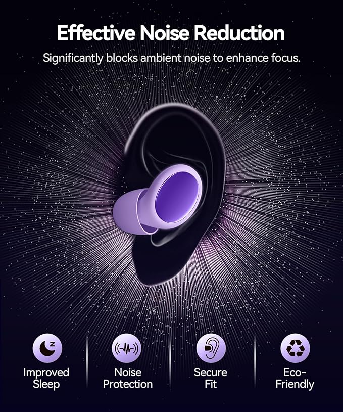 Ear Plugs for Sleeping 45dB Noise Cancelling Ear Plugs for Noise Reduction & Snoring, Concerts, Earplugs for Sleep,Sider Sleepers Airplane, Silicone Earplugs Reusable Concert Ear Plug+8Tip Pale Violet