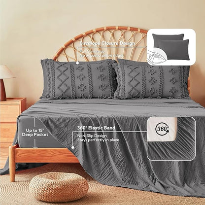 MR&HM King Size Comforter Set Dark Grey, 7 Pieces Tufted Boho Beddding Sets, Farmhouse Style Bed in a Bag with 1 Comforter, 2 Pillow Shams, 2 Pillowcases, 1 Flat Sheet, 1 Fitted Sheet