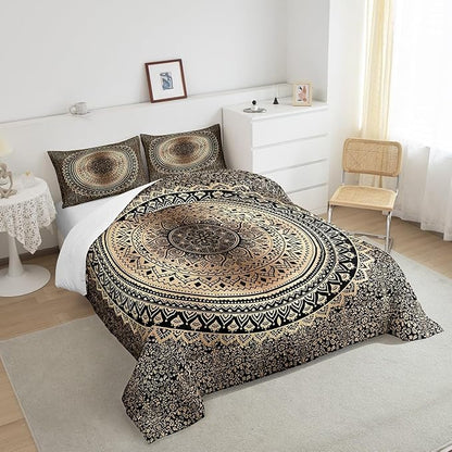 Castle Fairy Mandala Boho Comforter Set for Boys Girls Kids Teens,3-Pieces Brown Black Bohemian Bedding Comforter Full Size,Psychedelic Printed Quilt Set with 2 Pillowcases