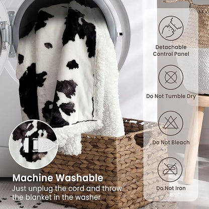 Heated Blanket Throw Electric Blanket – Fast Heating Blanket with 10 Heat Settings & 10 Hours Auto Off, Cow Print Blanket Cozy Soft Fleece Sherpa, Washable, Warm Gifts for Grandma