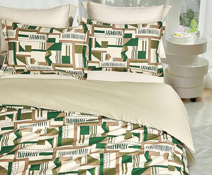 SLEEPBELLA Comforter King Size, 600 Thread Count Cotton White Printed with Green & Brown Geometric Comforter Set, Down Alternative Bedding Set 3Pcs(King, Green Geometric)