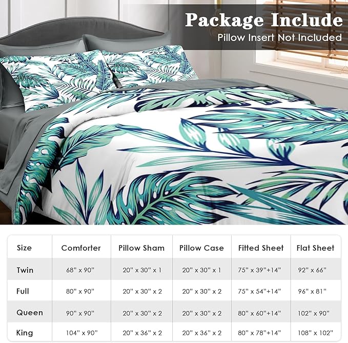 Comforter Set Queen Size, Blue Beach Geometric 7 Pcs Bedding for Kids and Adults, Palm Leaf Floral Tree Bed Sheet Sets with Fitted Sheet 2 Pillowcases & 2 Shams for Bedroom Bed Decor