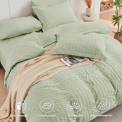 HYMOKEGE Light Green Twin XL Comforter Set Seersucker 5 Pieces, All Season Luxury Bed in a Bag for Bedroom, Bedding Set with Comforter, Sheets, Pillowcase & Sham