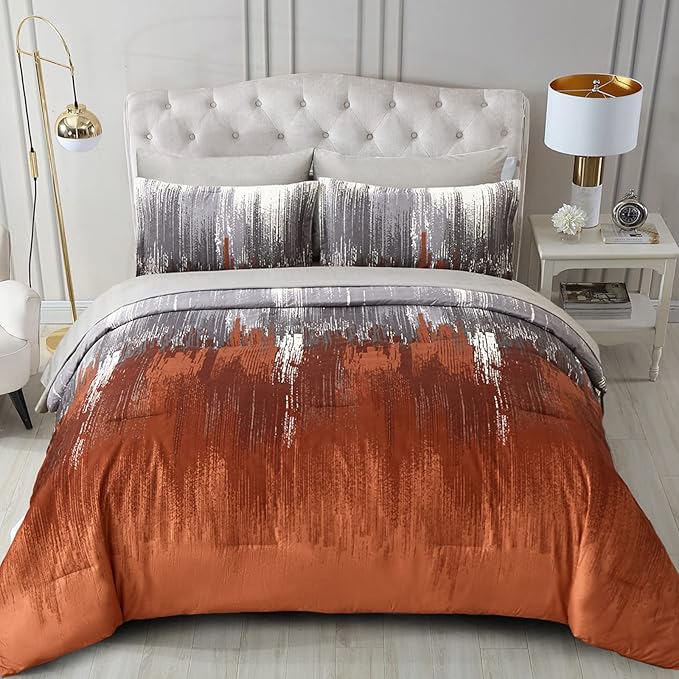 WONGS BEDDING Comforter Set Queen, Thanksgiving Burnt Orange 7 Pieces Bed in a Bag Abstract Gradient Fall Terracotta Bedding Set with Comforter, Flat Sheet, Fitted Sheet, Pillow Shams, Pillowcases