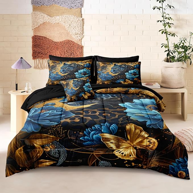 Black Gold Comforter Set Leopard Animal Bedding Set Blue Floral Brown Leopard Print Black and Blue Comforter Forest Theme Vintage Retro Black Bed in A Bag Queen