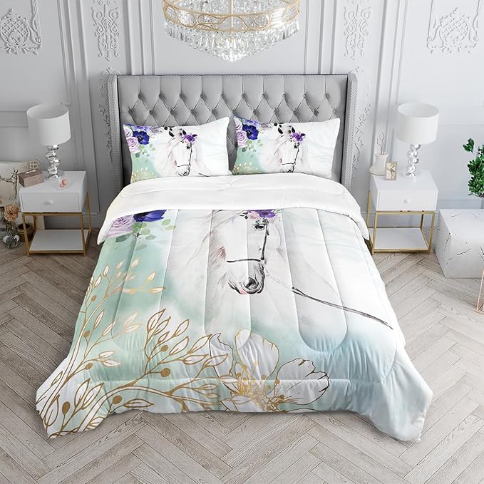 Floral Kid Galloping Horse Comforter Set Full Animal Theme Handsome Horse Bedding Set Decorated with Green and Gold Leaves for Boys Girls Adult, 1 Comforter + 2 Pillowcases