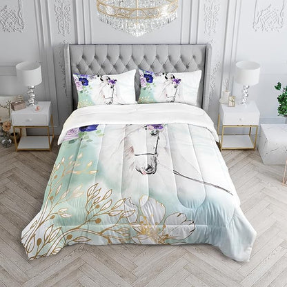 Floral Kid Galloping Horse Comforter Set Twin Animal Theme Handsome Horse Bedding Set Decorated with Green and Gold Leaves for Boys Girls Adult, 1 Comforter + 2 Pillowcases