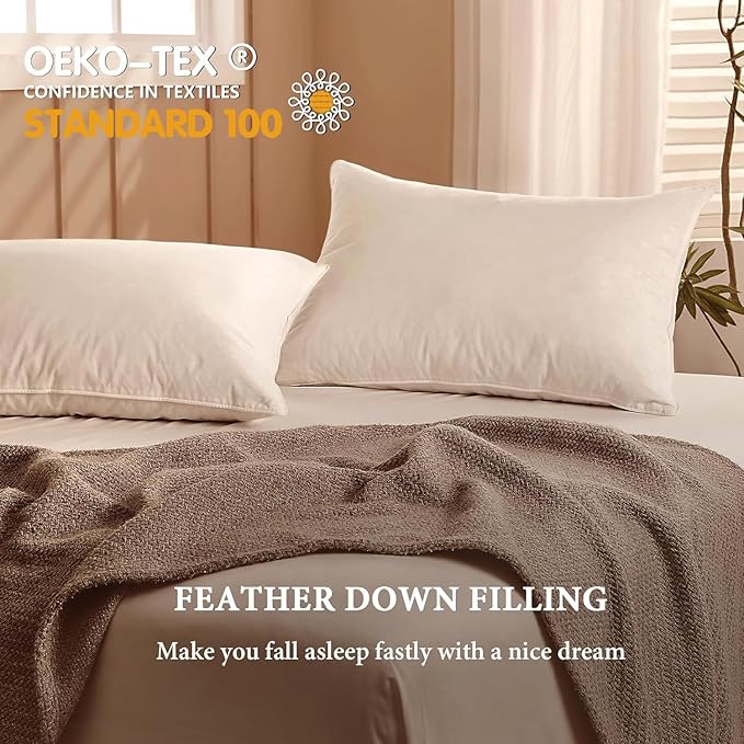 BHZ Goose Down Feather Pillows Queen Size Set of 2, Hotel Collection Bed Pillows for Sleeping Medium Firm Soft Support Pillow for Side and Back Sleepers