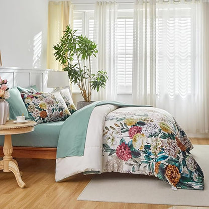 Joyreap Bed in a Bag Twin, 6 Piece Floral Comforter Sheet Set, Flowers on Light Khaki Floral Design, All Season Microfiber Bedding Comforter Set