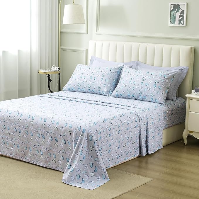 ARTALL Twin Bed in a Bag 5 Pieces, Light Gray Solid Comforter with Cute Colorful Butterfly Sheet Set, Soft Reversible Bedding Sets with Comforter, Sheets, Pillowcase & Sham for All Seasons