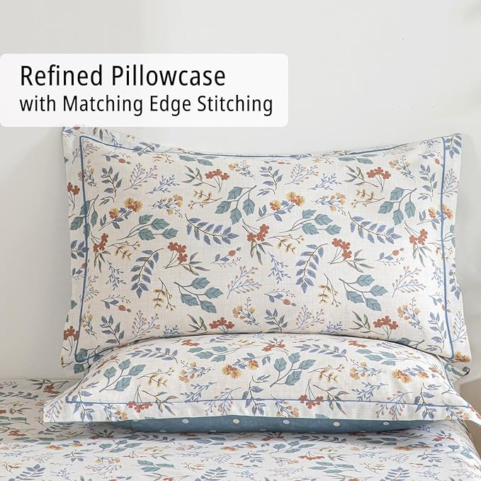 Botanical Cotton Comforter King Size - Lake Green Comforter with Dusky Blue & Warm Rust Leaves on Ivory,Reversible Lightweight Bedding Sets 3Pcs(Polka Dot)