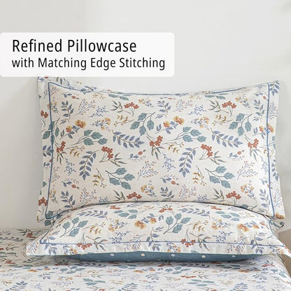 Botanical Cotton Comforter King Size - Lake Green Comforter with Dusky Blue & Warm Rust Leaves on Ivory,Reversible Lightweight Bedding Sets 3Pcs(Polka Dot)