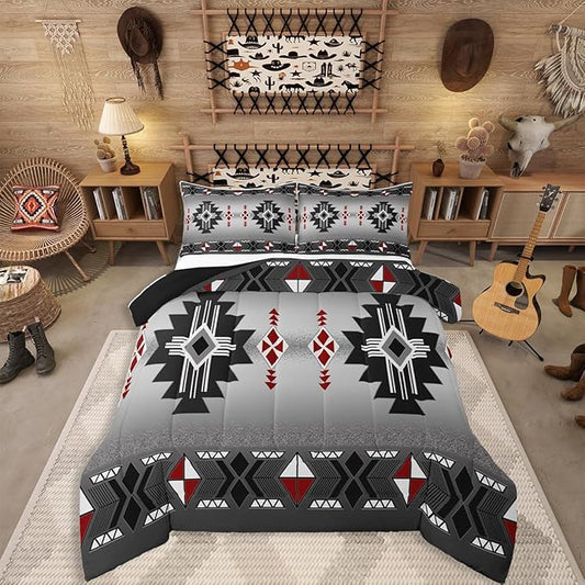 Erosebridal Rustic Western Comforter Set Twin, Southwestern Aztec Bedding Set for Boys Teens Men Bedroom, Exotic American Native Bedding Comforter Sets Vintage Bohemian Geometric Quilt, Red Grey